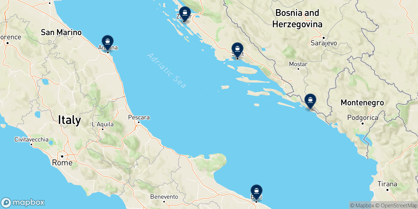 Mapa de los destinos Jadrolinija