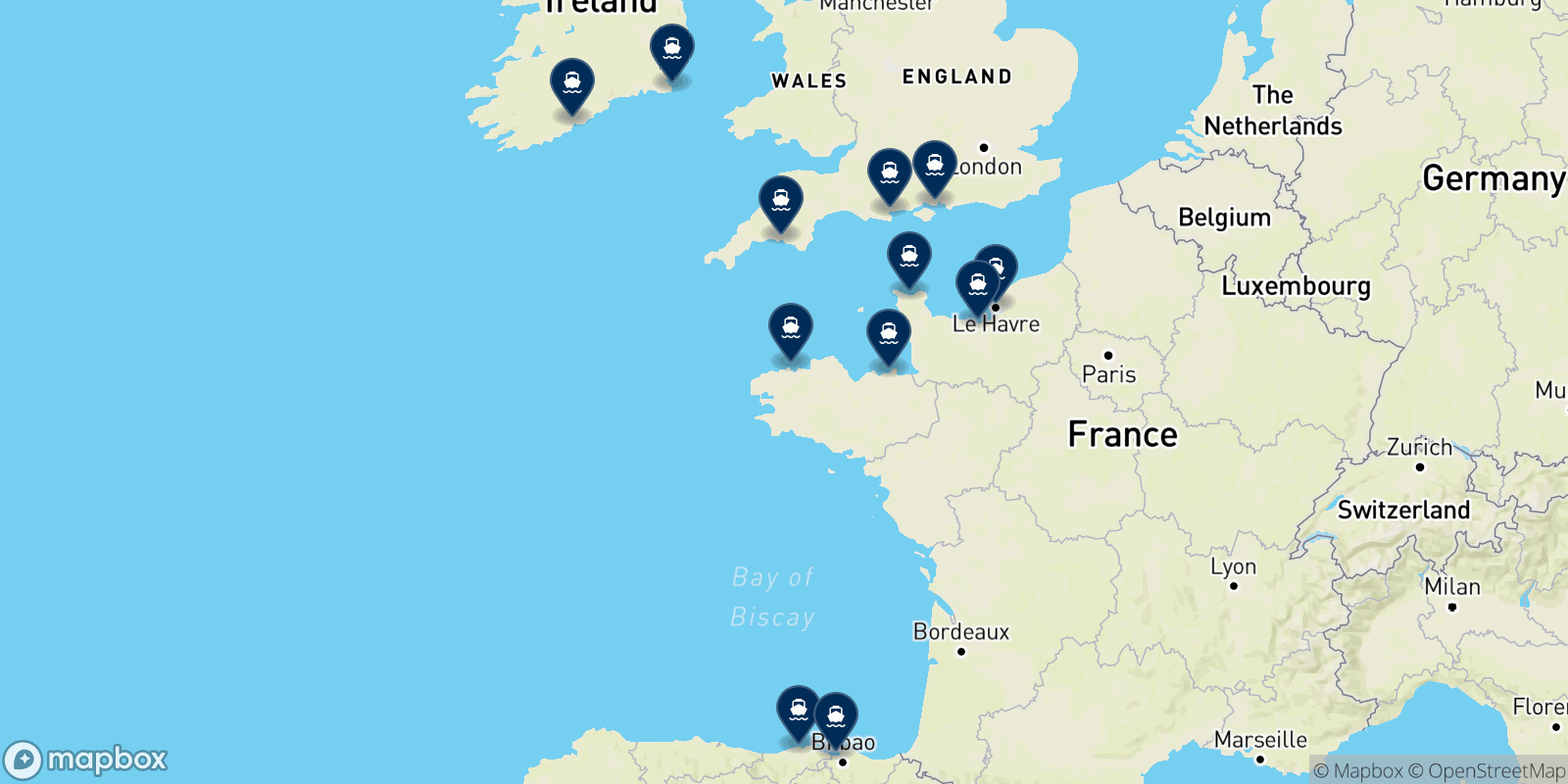 Mapa de los destinos Brittany Ferries