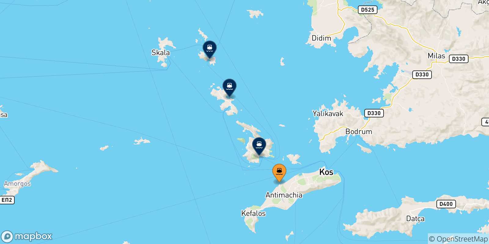 Mapa de las posibles rutas entre Mastihari (Kos) y  Grecia