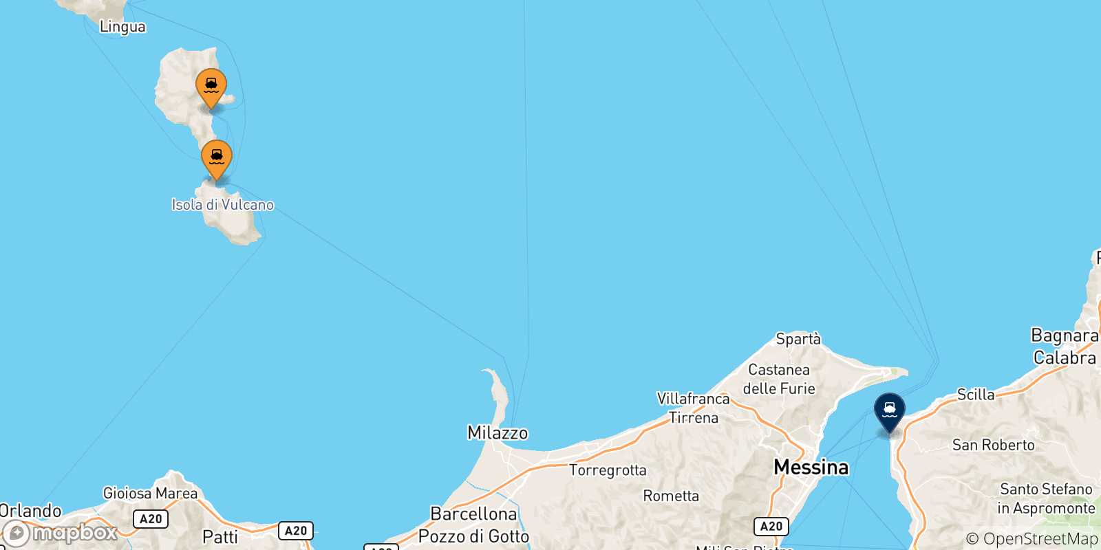 Mapa de las posibles rutas entre Islas Eólicas y  Reggio Calabria
