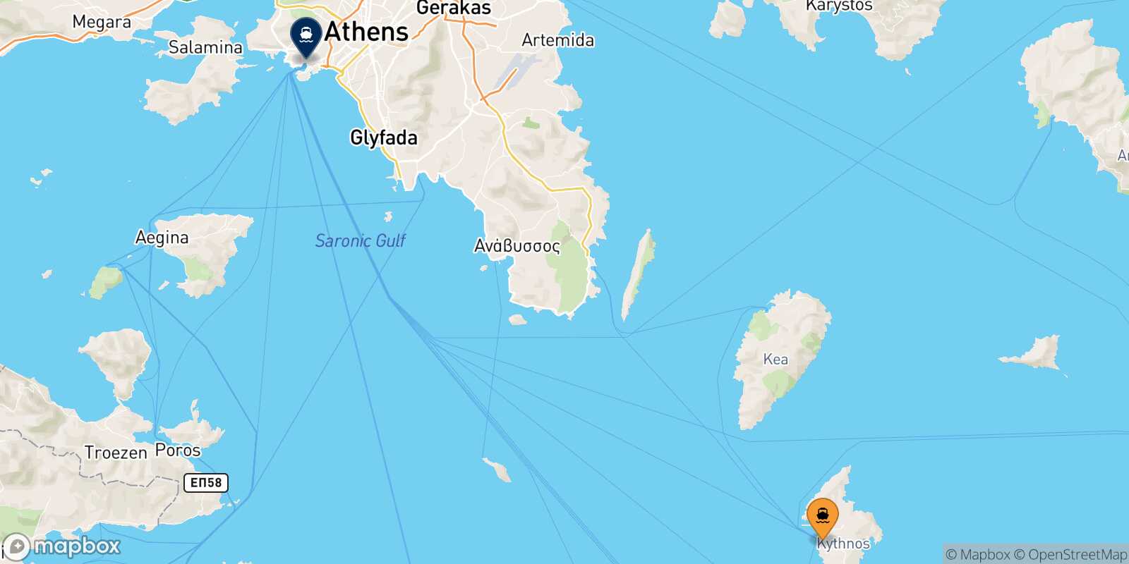Mapa de la ruta Kythnos El Pireo