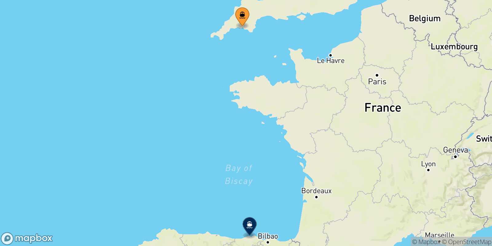 Mapa de los destinos alcanzables de Plymouth