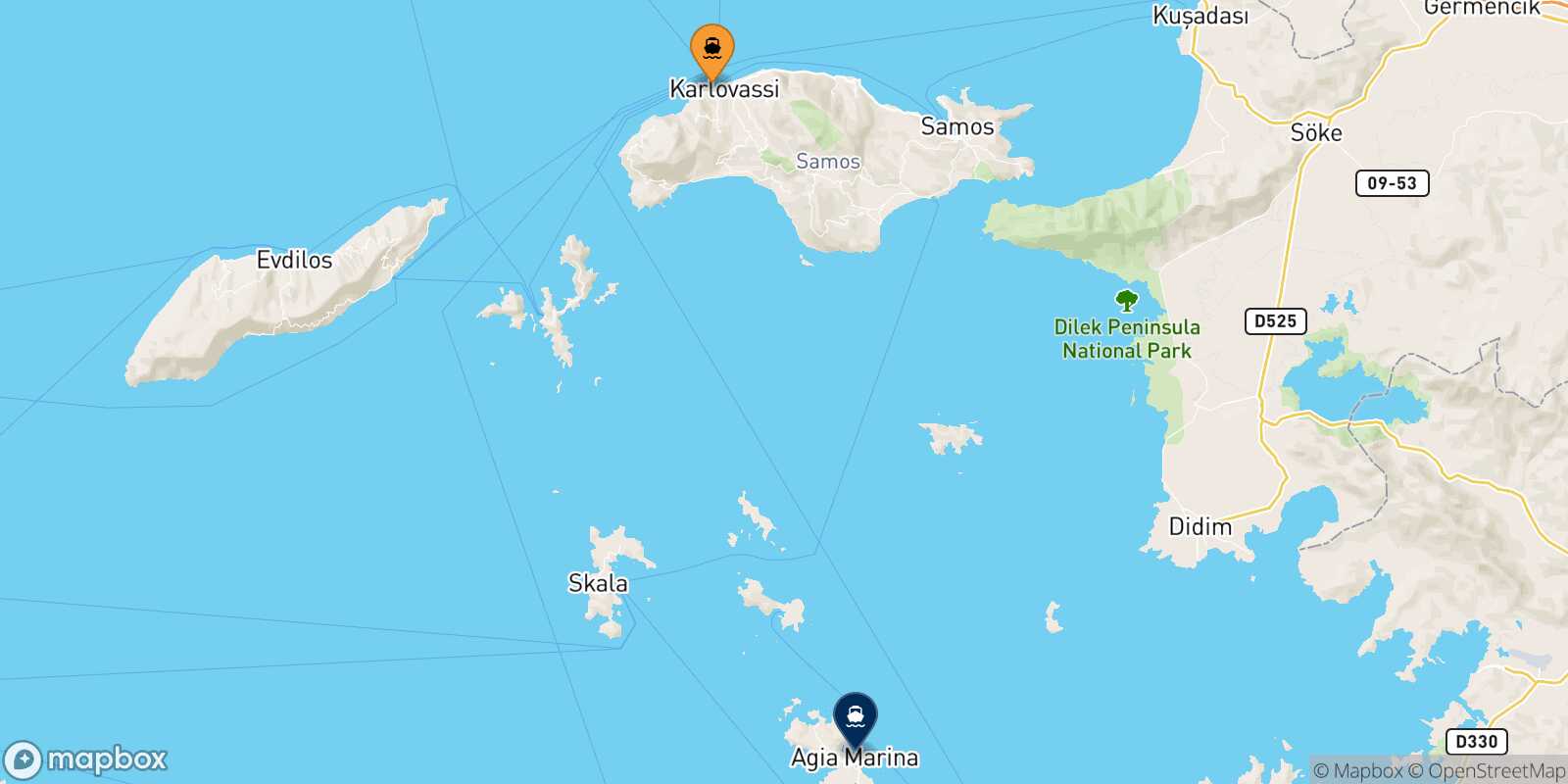 Mapa de la ruta Pythagorio (Samos) Leros
