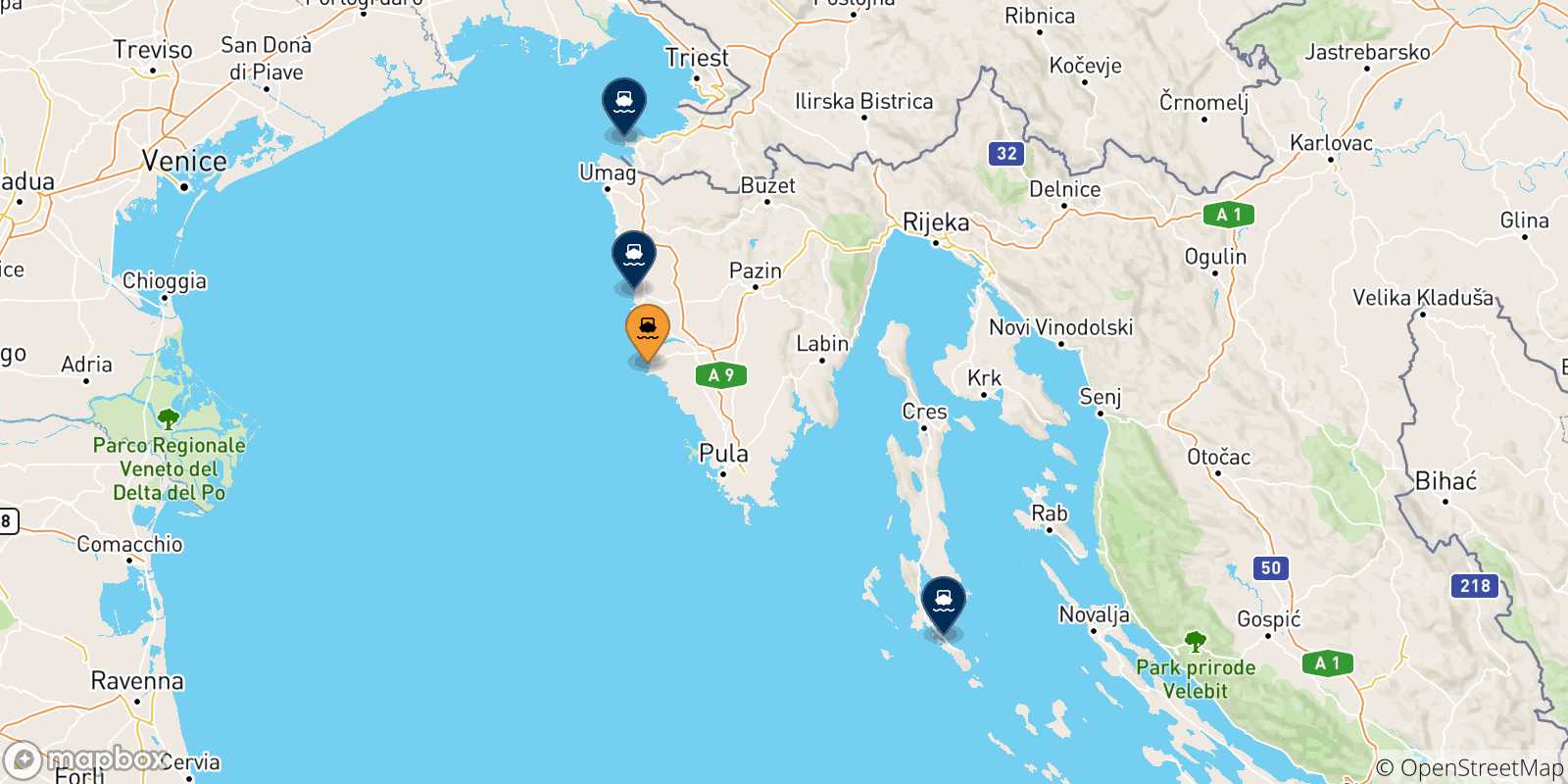 Mapa de las posibles rutas entre Rovinj y  Croacia