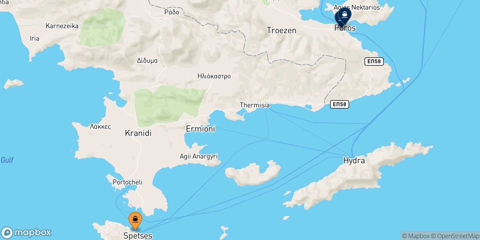 Mapa de los destinos alcanzables de Spetses