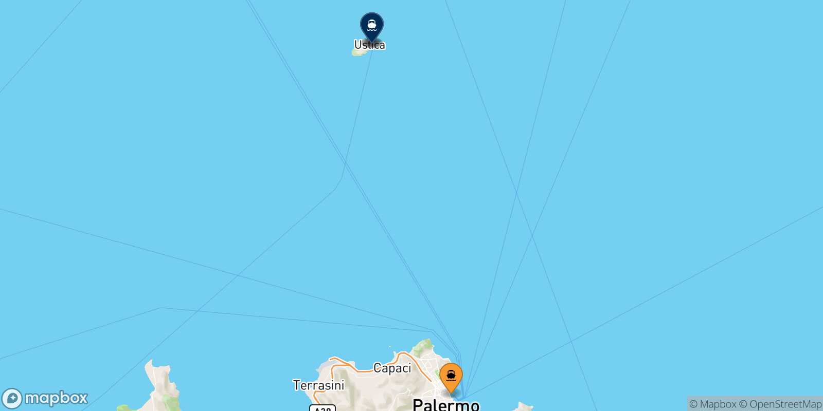 Mapa de los destinos alcanzables de Palermo