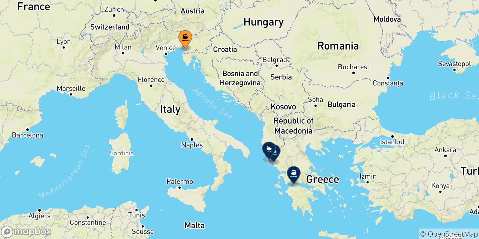 Mapa de las posibles rutas entre Trieste y  Grecia