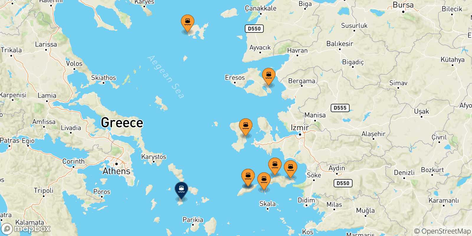 Mapa de las posibles rutas entre Islas Del Egeo y  Syros