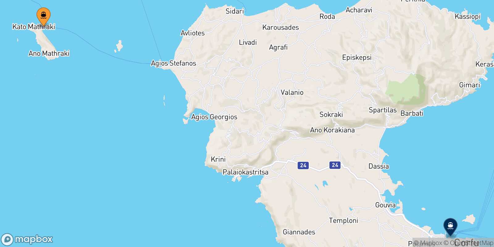 Mapa de la ruta Mazraki Corfu