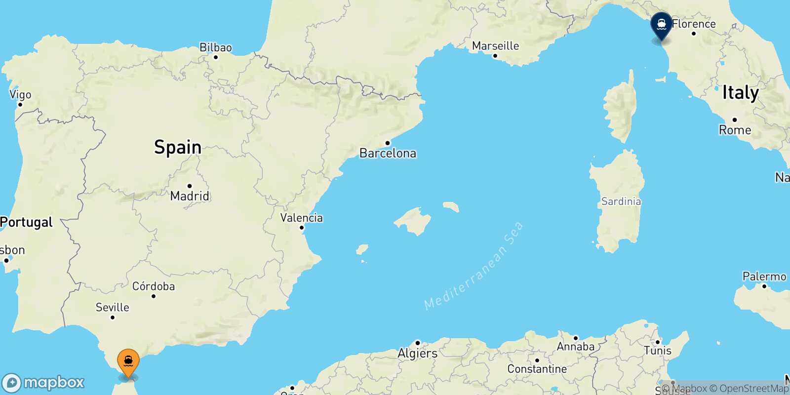 Mapa de la ruta Tánger Med Livorno