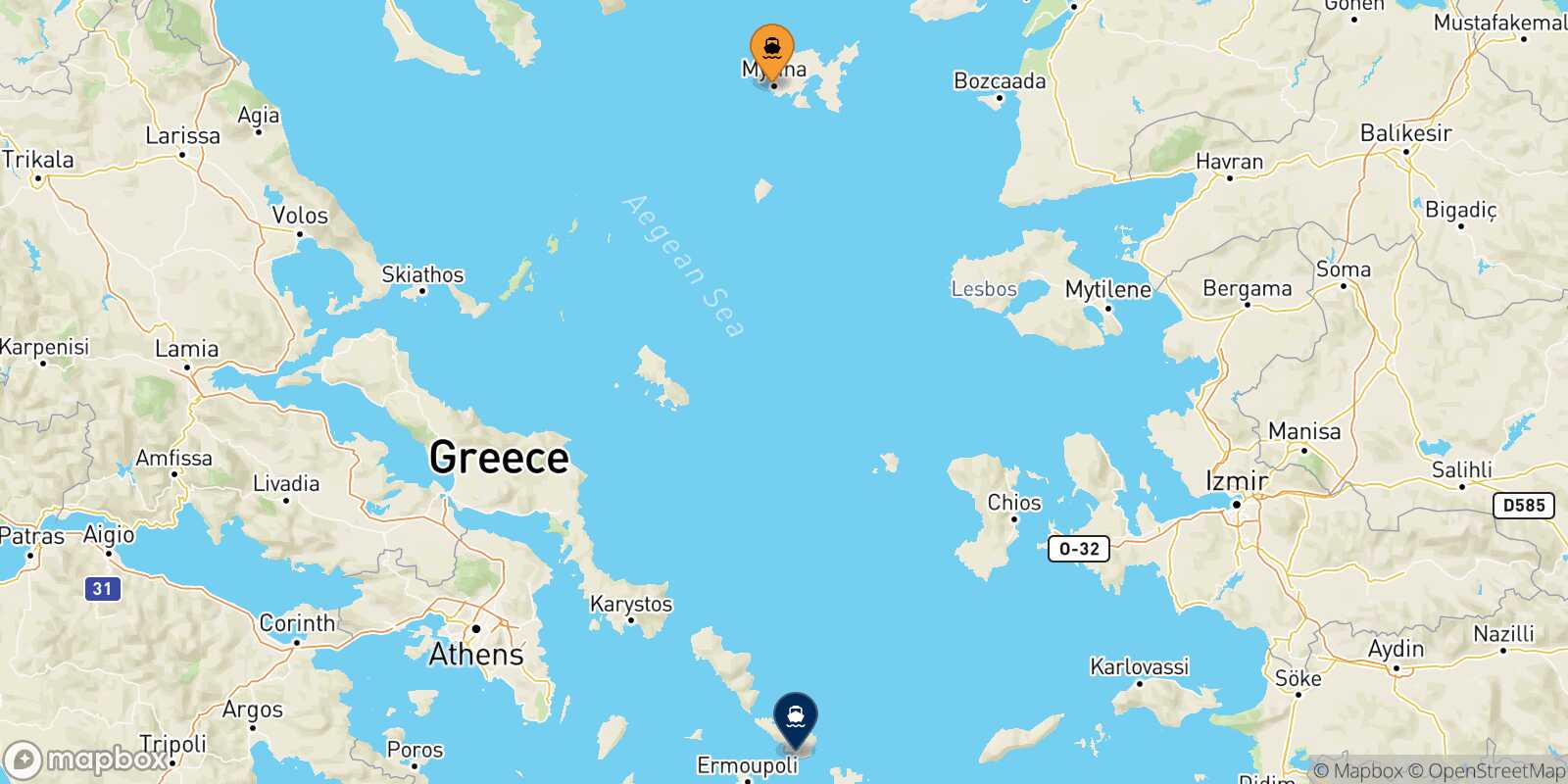 Mapa de la ruta Mirina (Limnos) Tinos