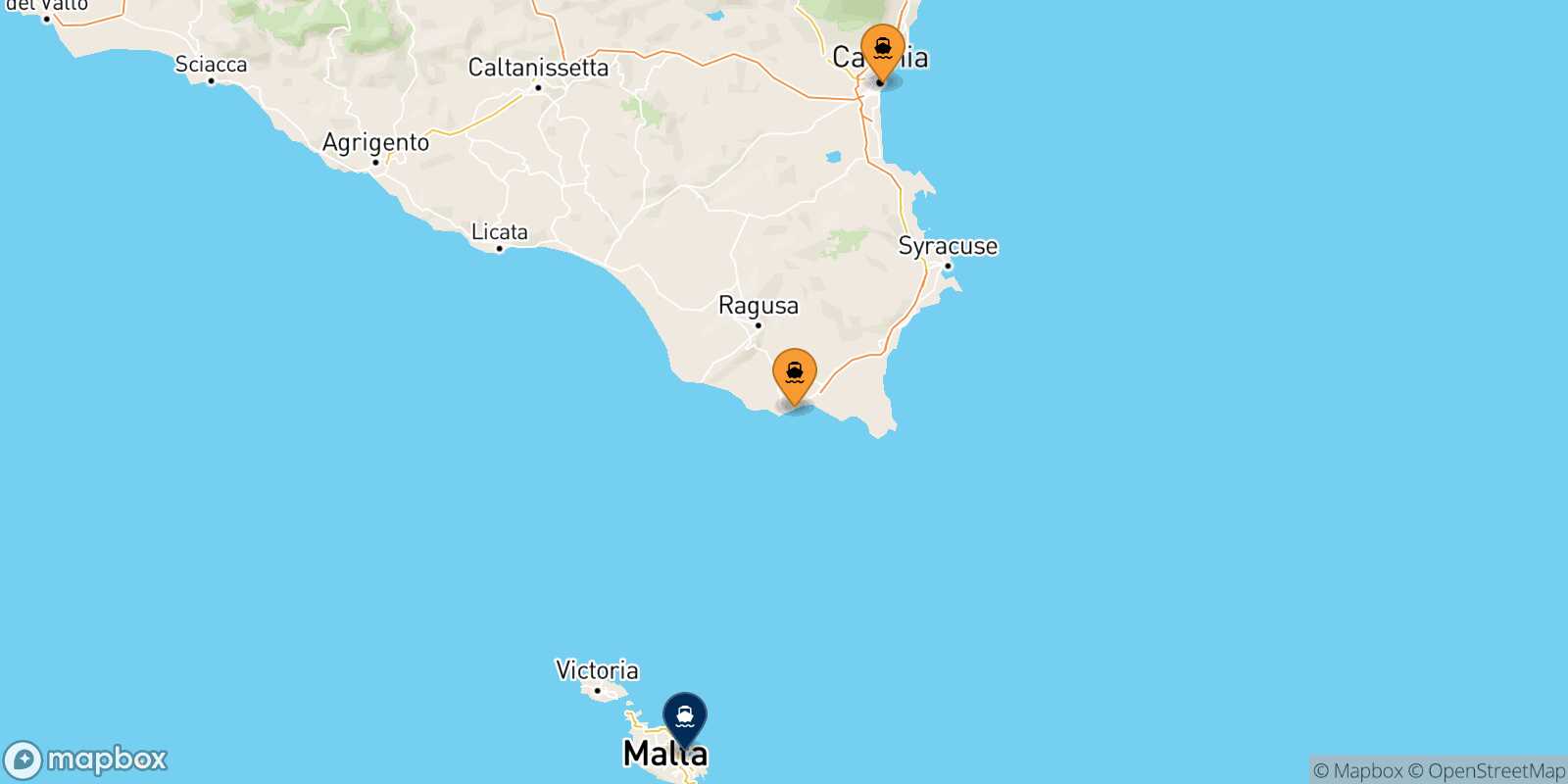 Mapa de los puertos conectados con  La Valletta (Malta)