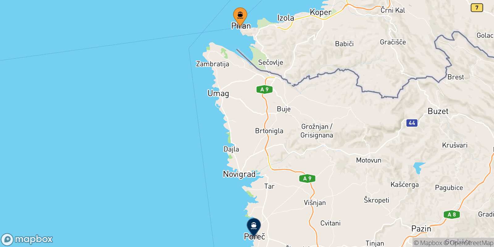 Mapa de los puertos conectados con  Porec