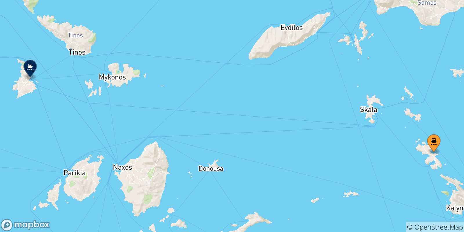 Mapa de las posibles rutas entre Leros y  Las Cicladas