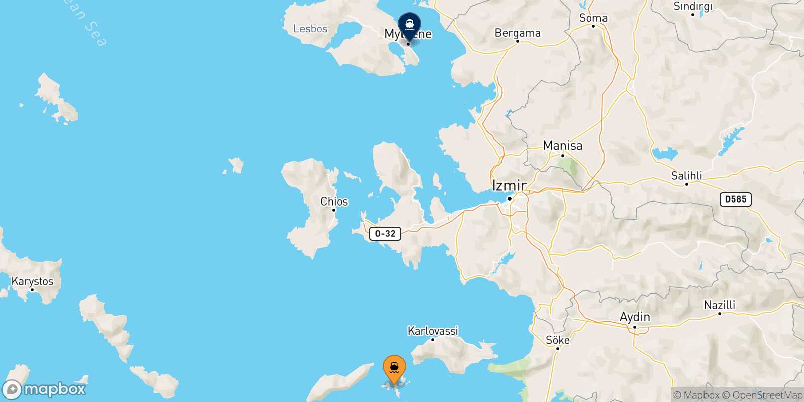 Mapa de la ruta Fourni Mytilene (Lesvos)