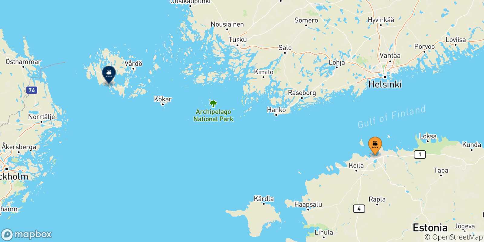 Mapa de las posibles rutas entre Estonia y  Islas Aland