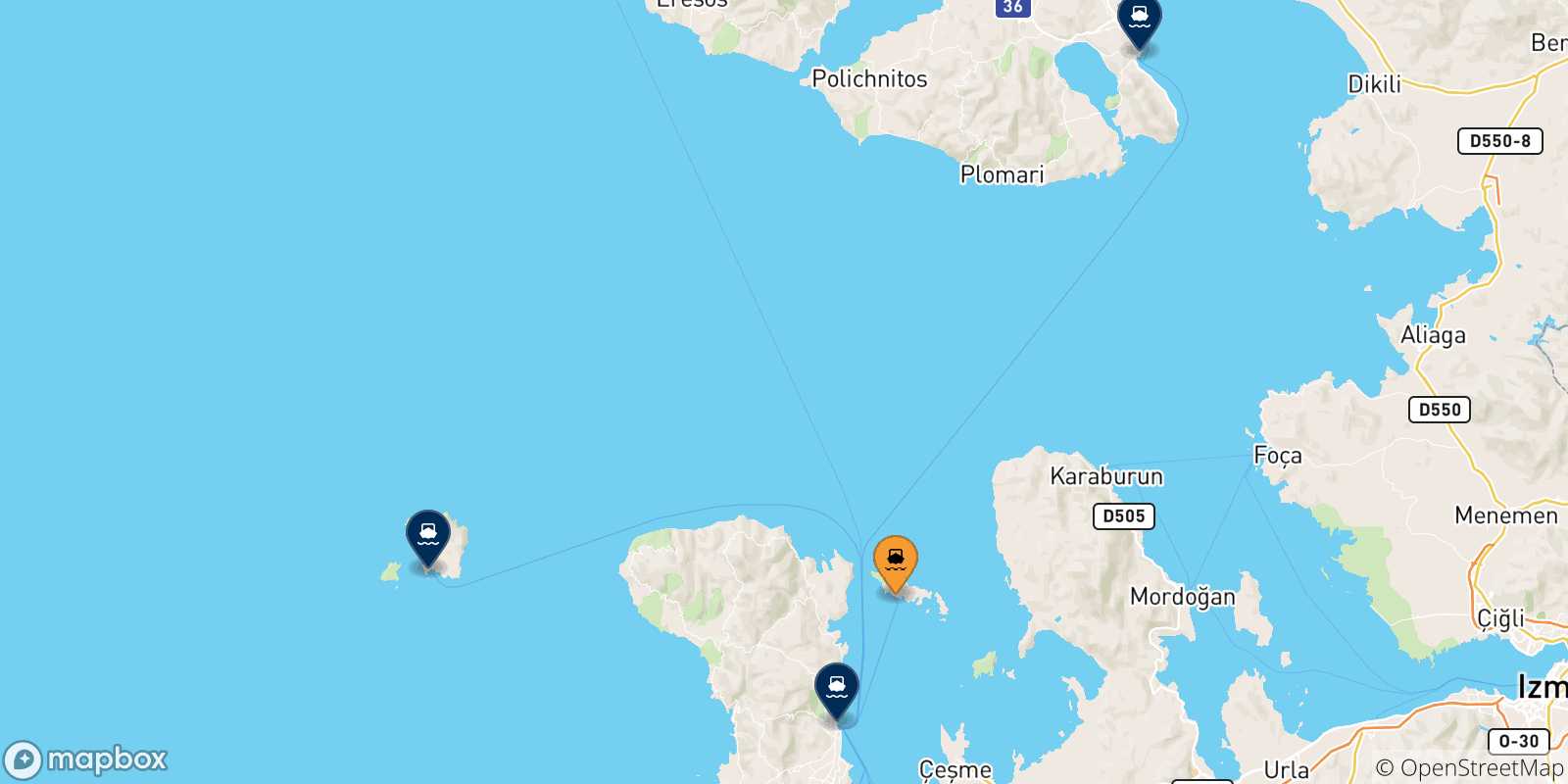 Mapa de las posibles rutas entre Inousses y  Islas Del Egeo