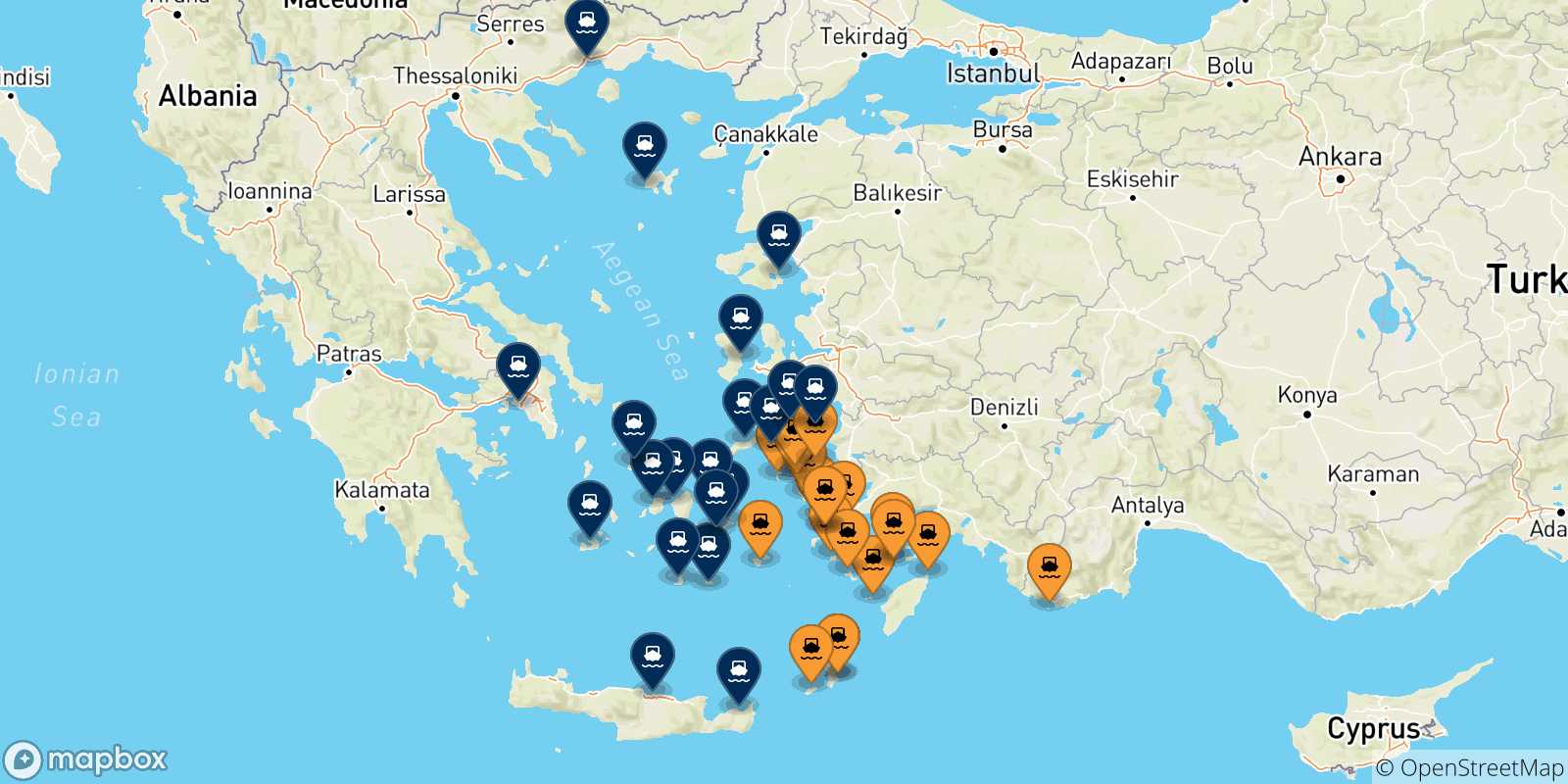 Mapa de las posibles rutas entre Dodecaneso y  Grecia