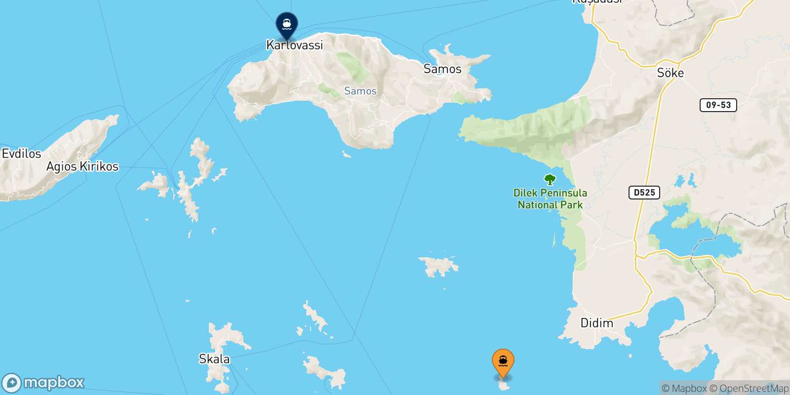 Mapa de la ruta Farmakonisi Pythagorio (Samos)