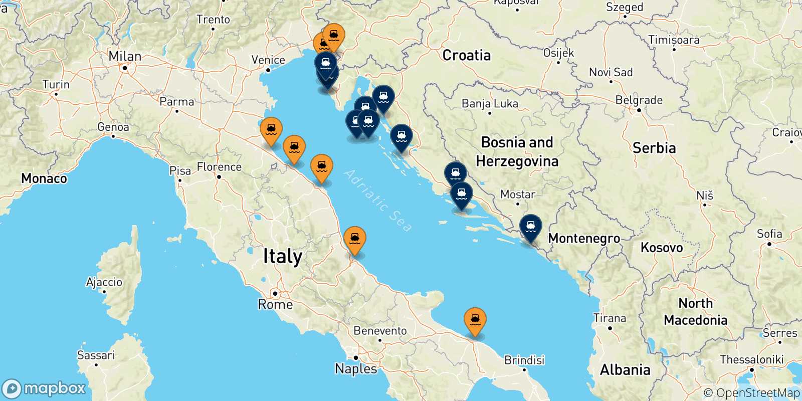 Mapa de los puertos conectados con  Croacia