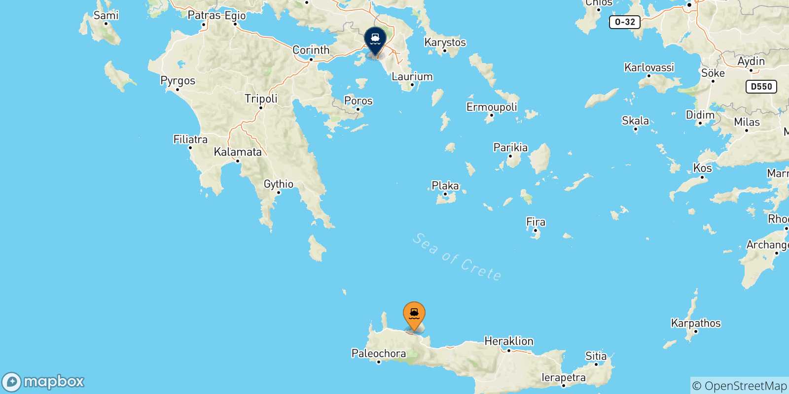 Mapa de las posibles rutas entre Chania y  Grecia