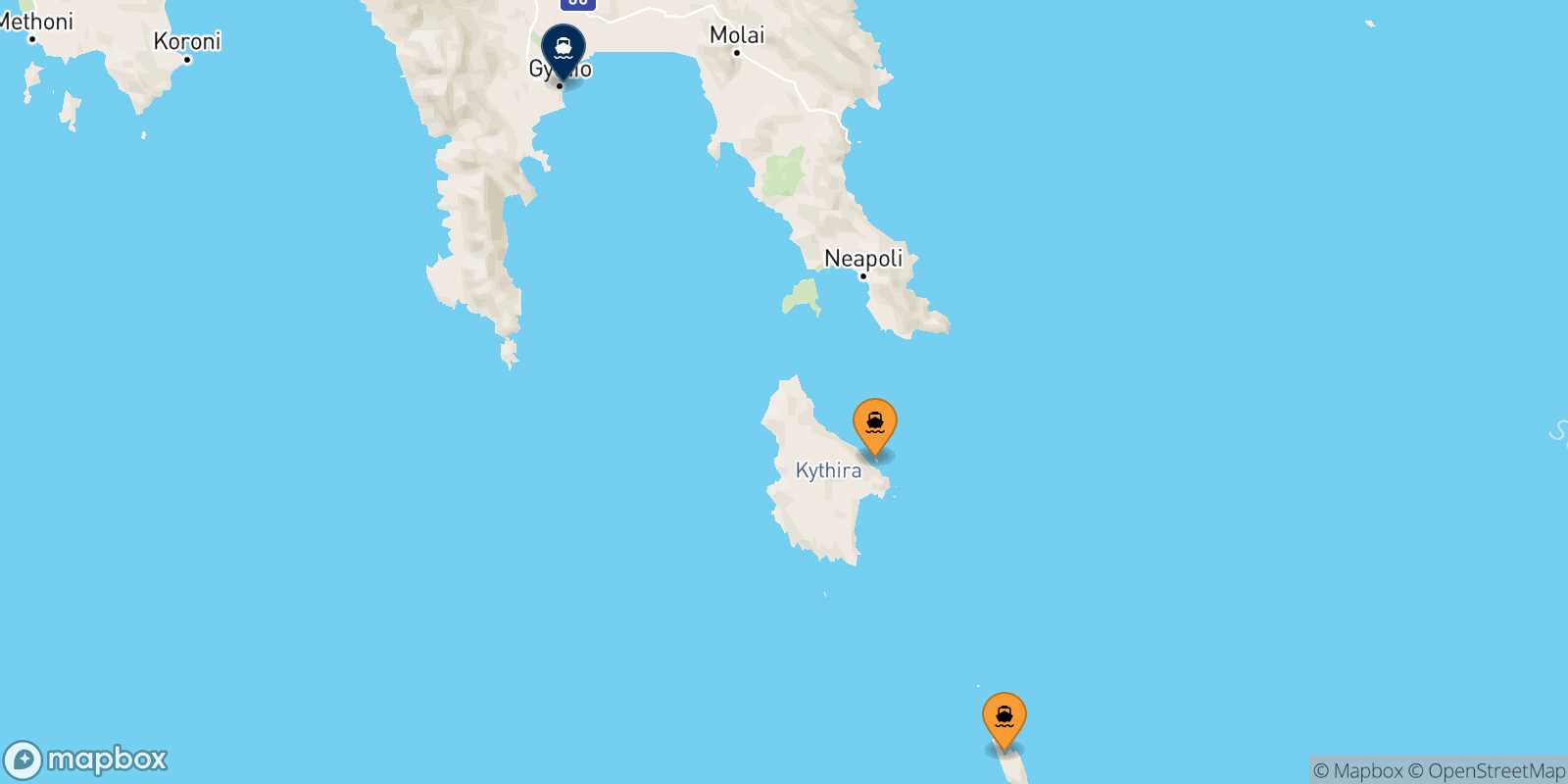Mapa de los puertos conectados con  Gythio
