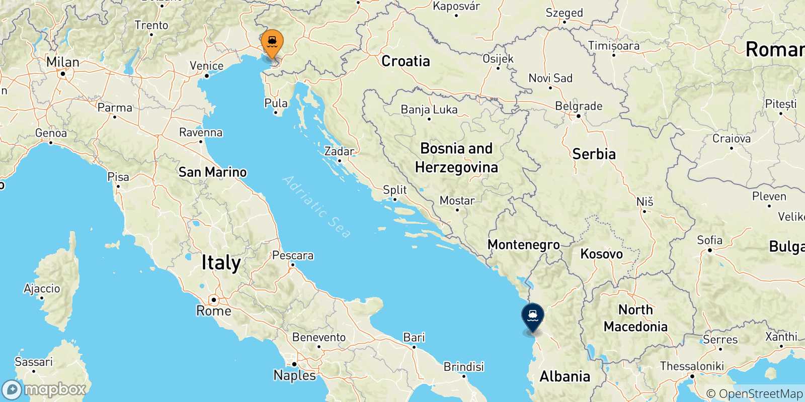 Mapa de las posibles rutas entre Trieste y  Albania