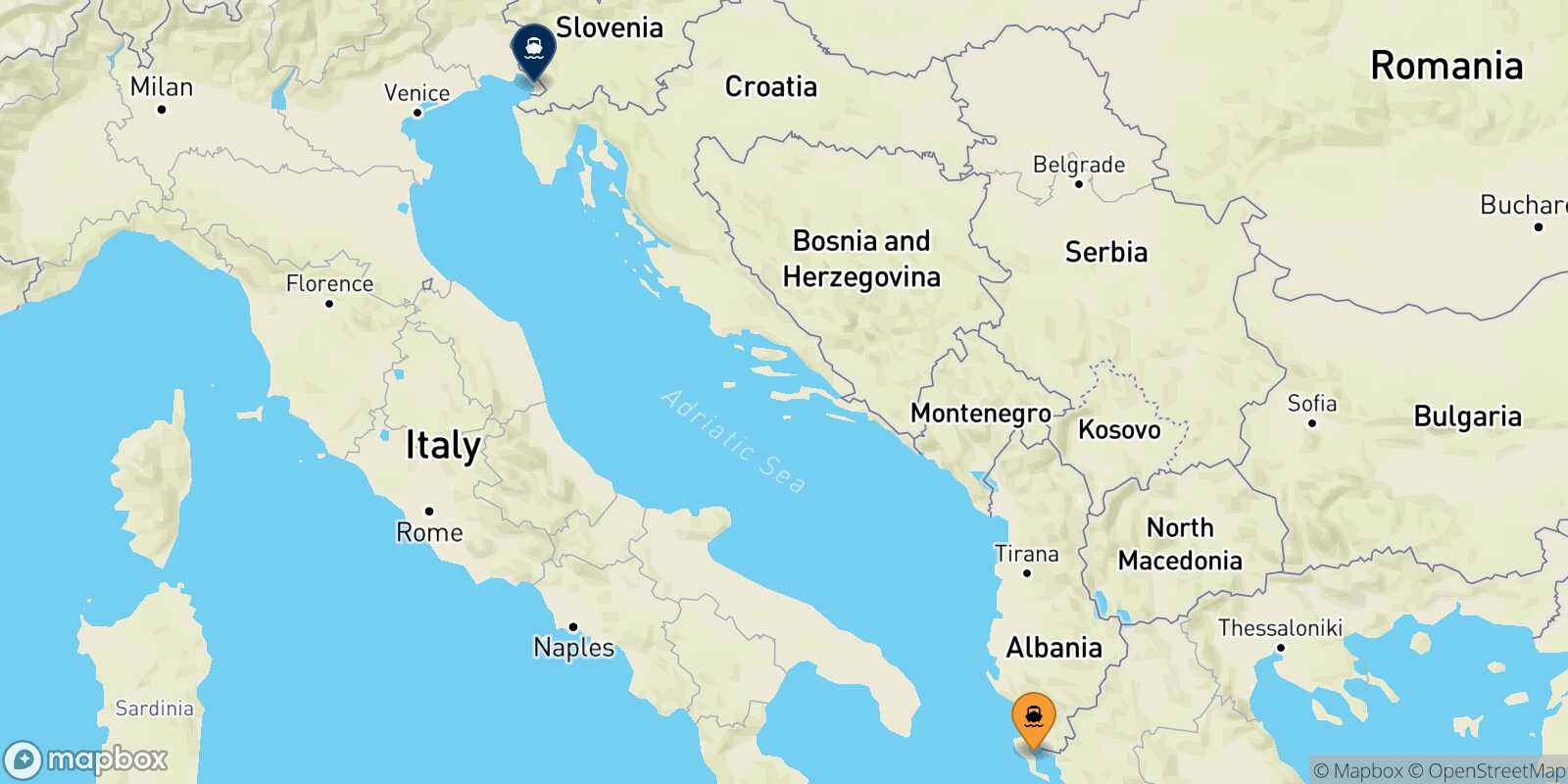 Mapa de la ruta Corfu Trieste