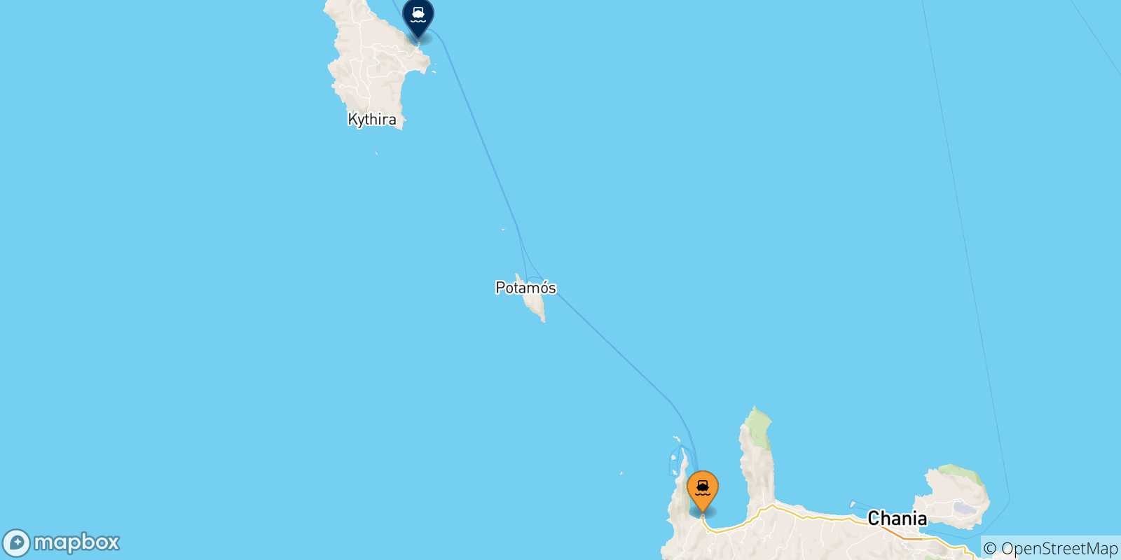 Mapa de las posibles rutas entre Creta y  Kythira