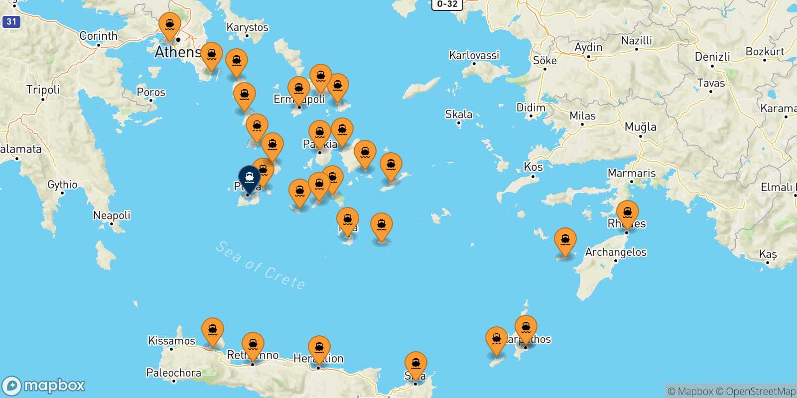 Mapa de los puertos conectados con  Milos