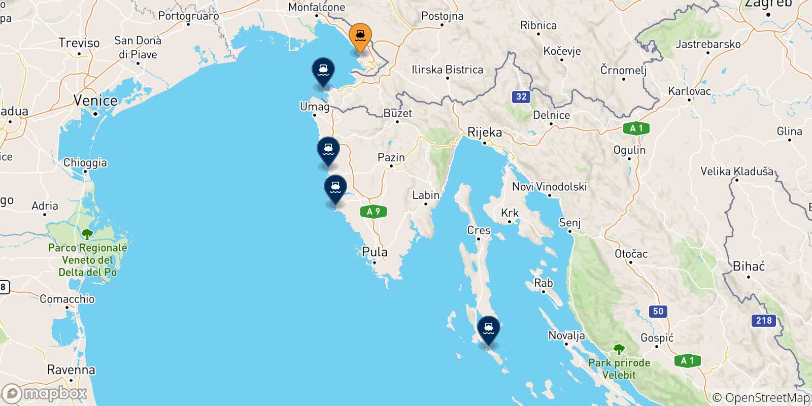 Mapa de las posibles rutas entre Trieste y  Croacia