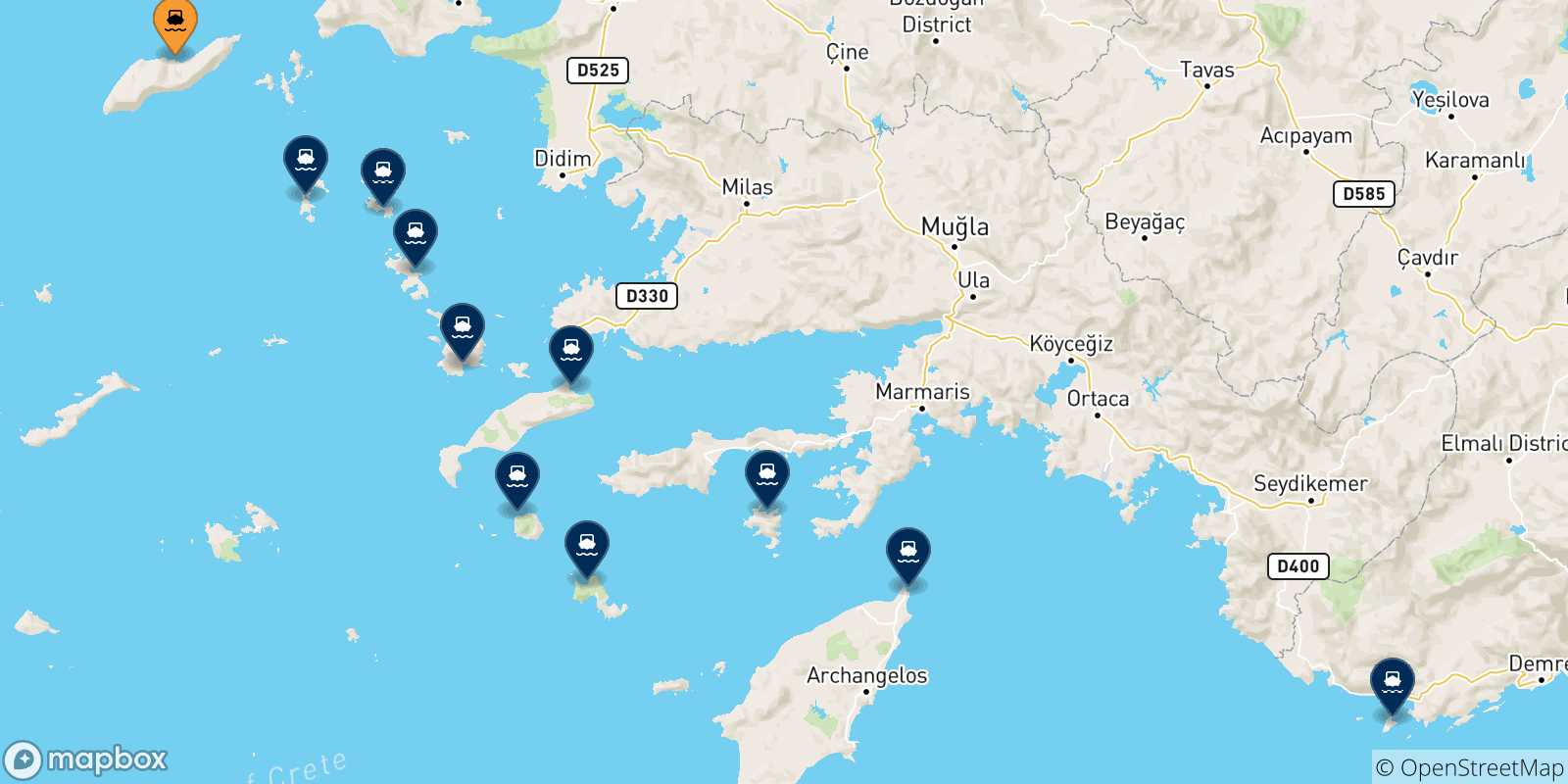 Mapa de las posibles rutas entre Agios Kirikos (Ikaria) y  Dodecaneso
