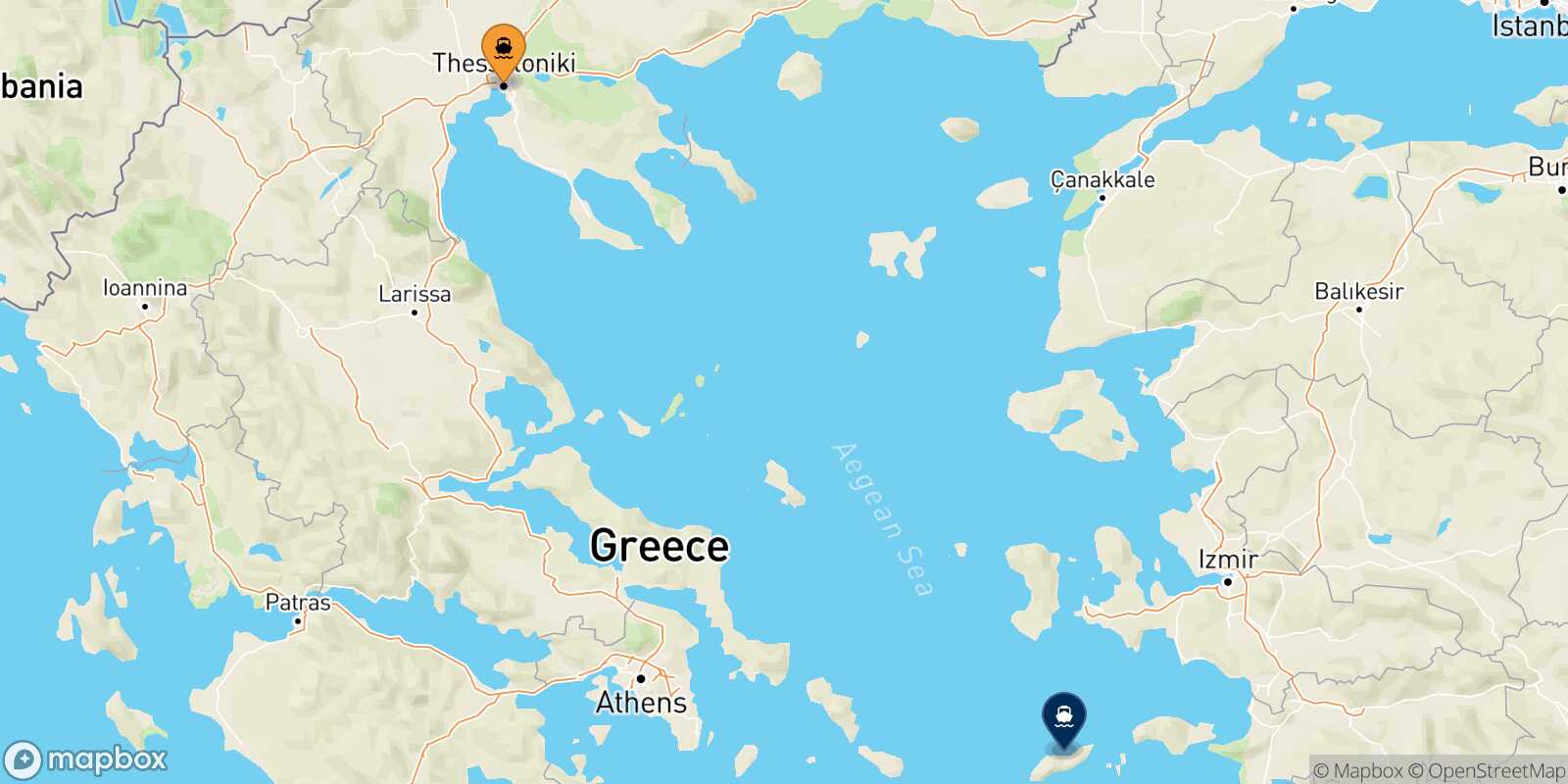 Mapa de la ruta Salónica Evdilos (Ikaria)