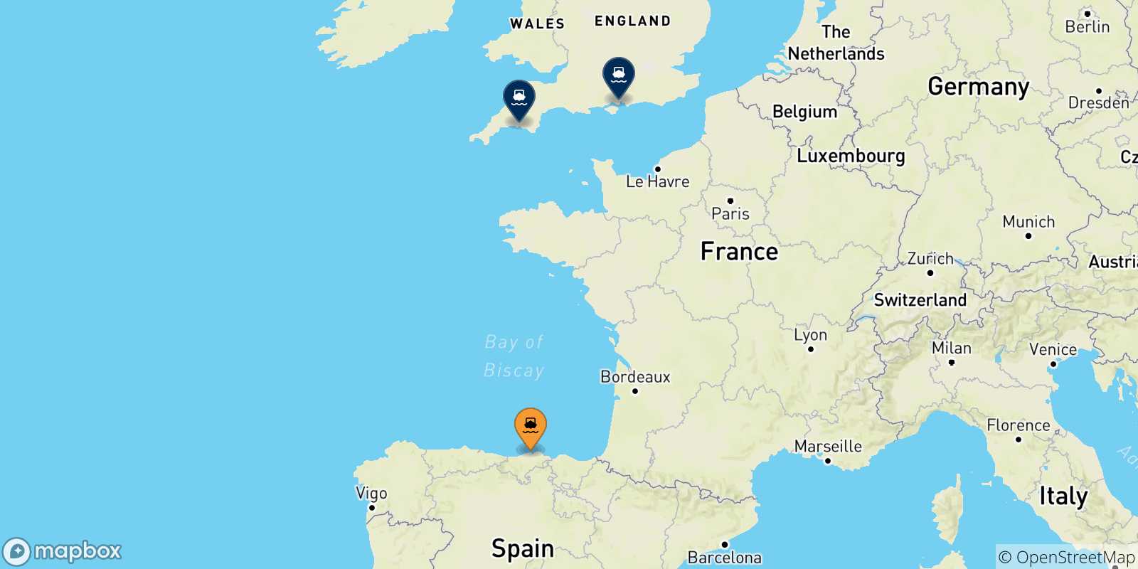 Mapa de las posibles rutas entre Santander y  Inglaterra
