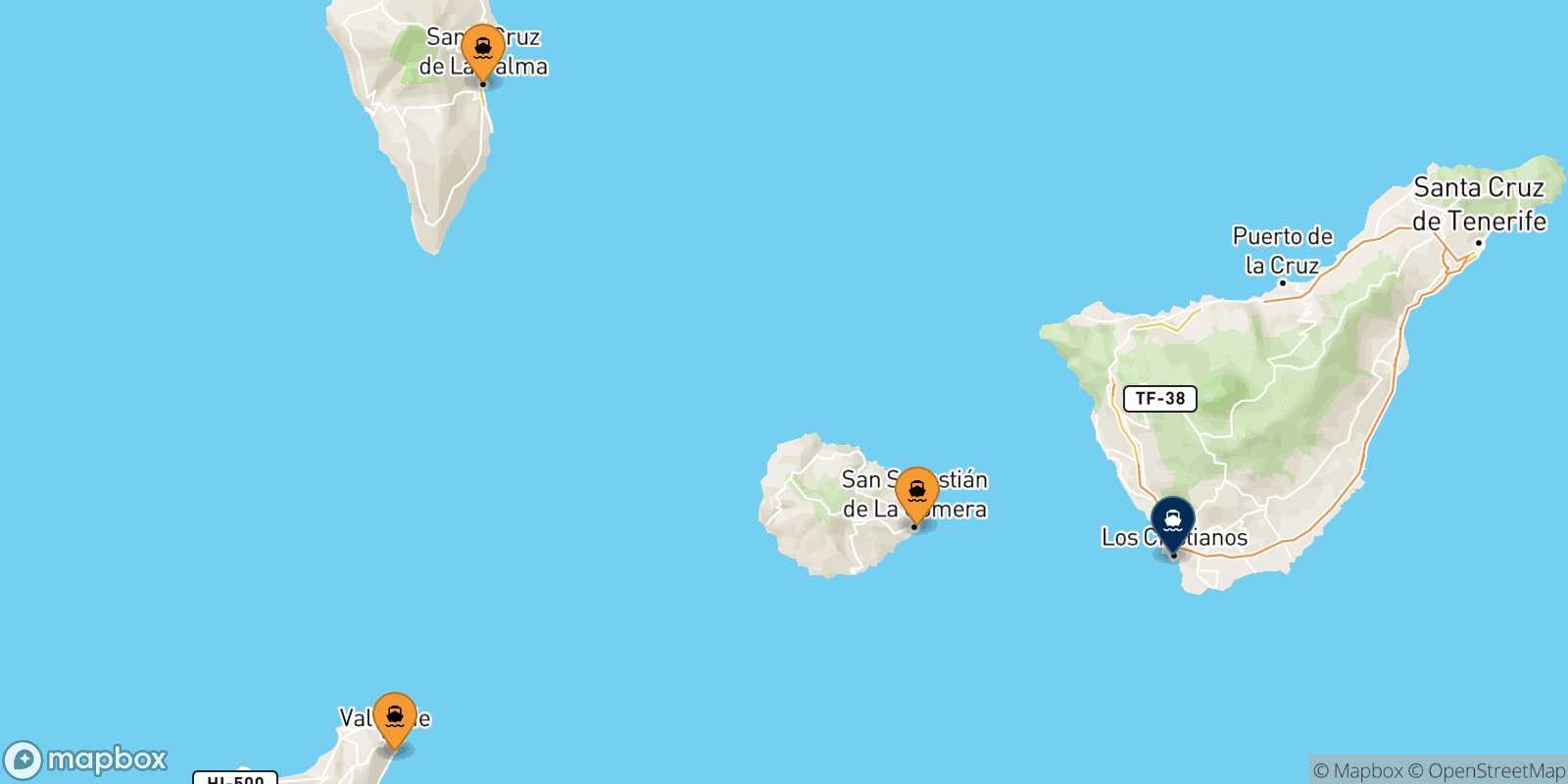 Mapa de los puertos conectados con  Los Cristianos (Tenerife)