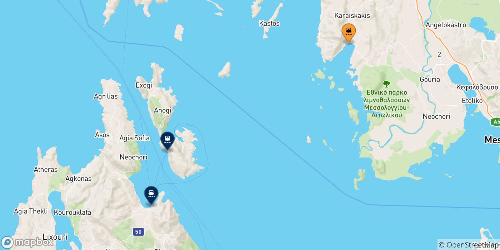 Mapa de las posibles rutas entre Astakos y  Islas Jonicas