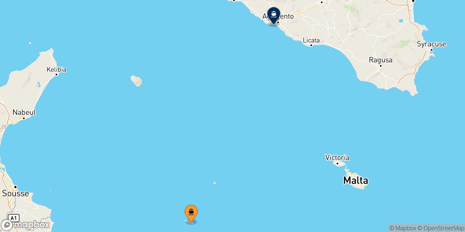 Mapa de los destinos alcanzables de Lampedusa