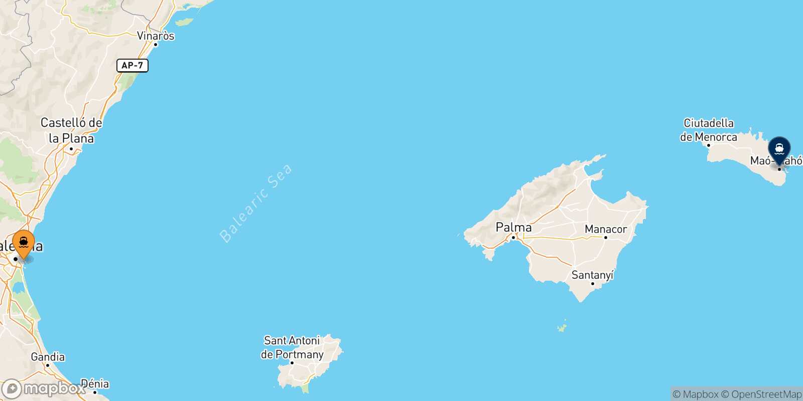 Mapa de la ruta Valencia Mahon (Menorca)