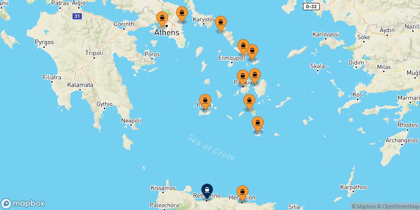 Mapa de los puertos conectados con  Rethimno