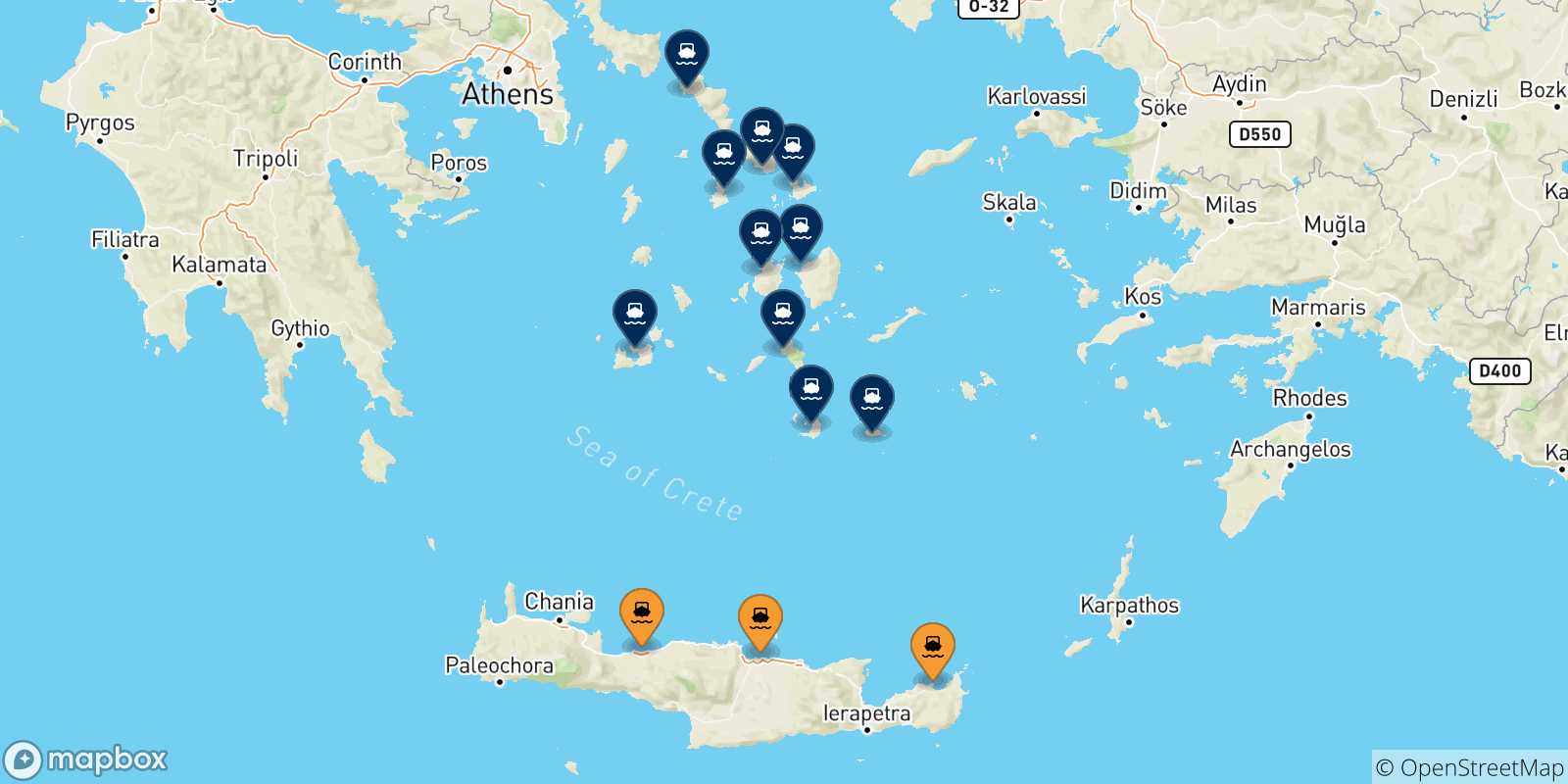 Mapa de las posibles rutas entre Creta y  Las Cicladas