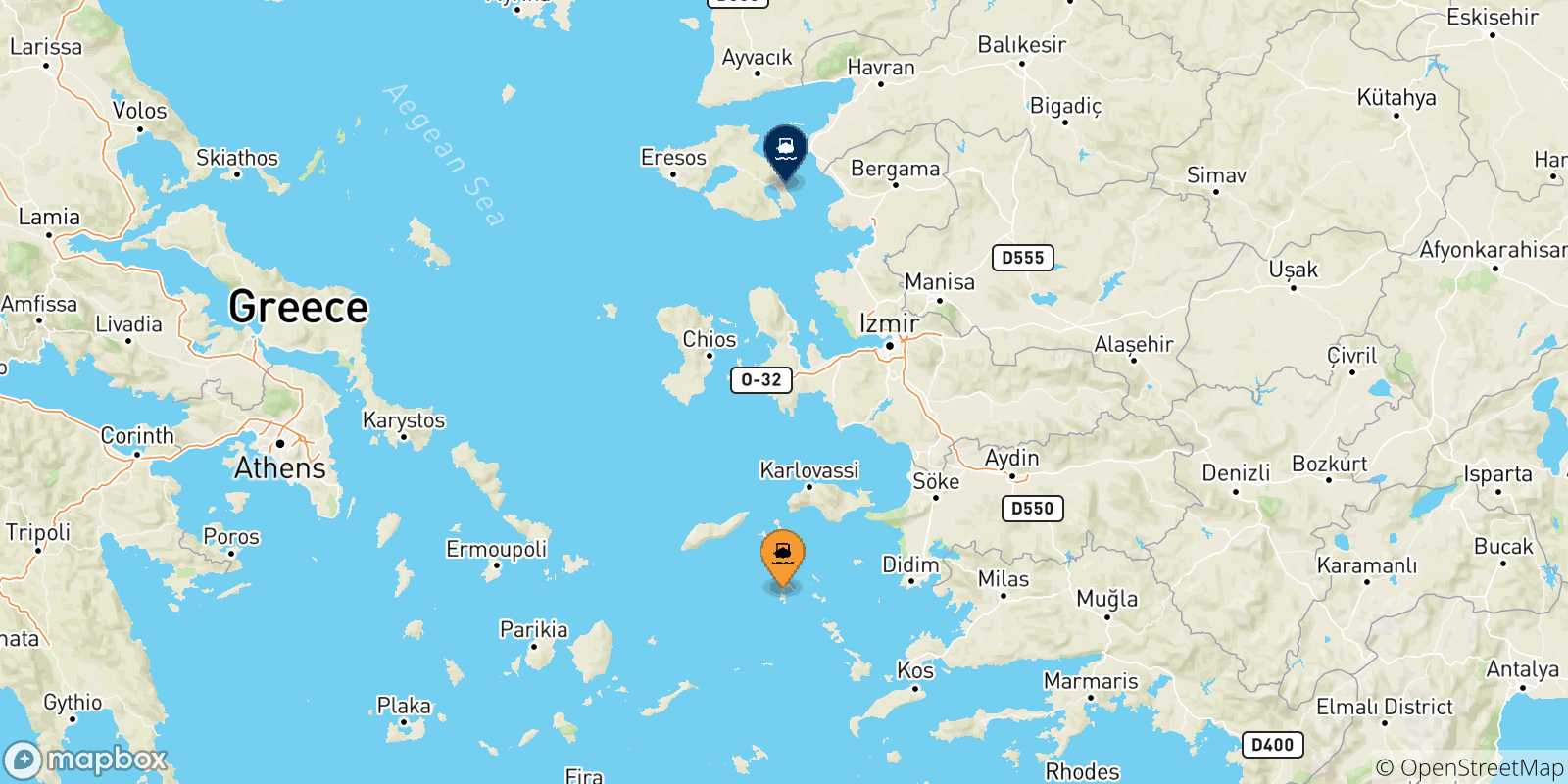 Mapa de las posibles rutas entre Dodecaneso y  Mytilene (Lesvos)