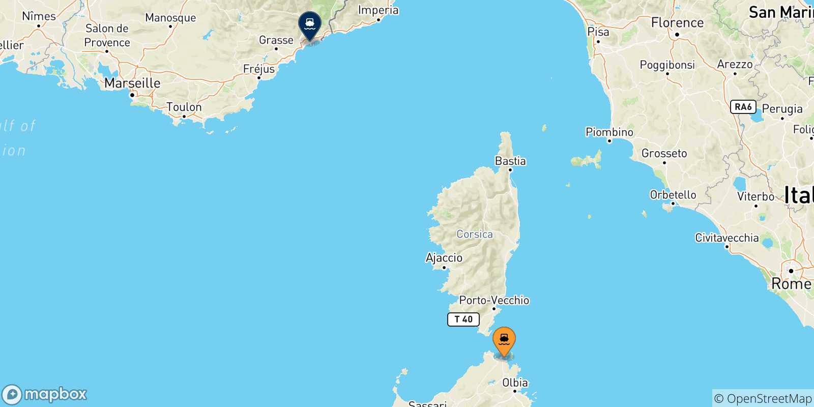 Mapa de las posibles rutas entre Cerdeña y  Niza