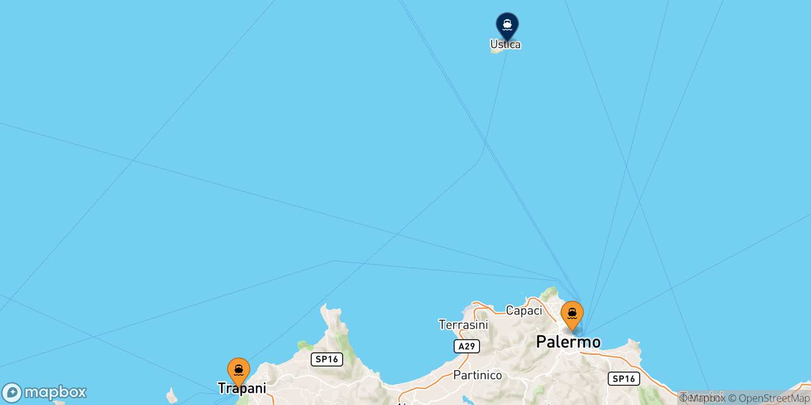Mapa de los puertos conectados con  Ustica