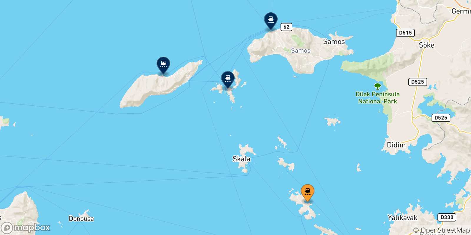 Mapa de las posibles rutas entre Leros y  Islas Del Egeo