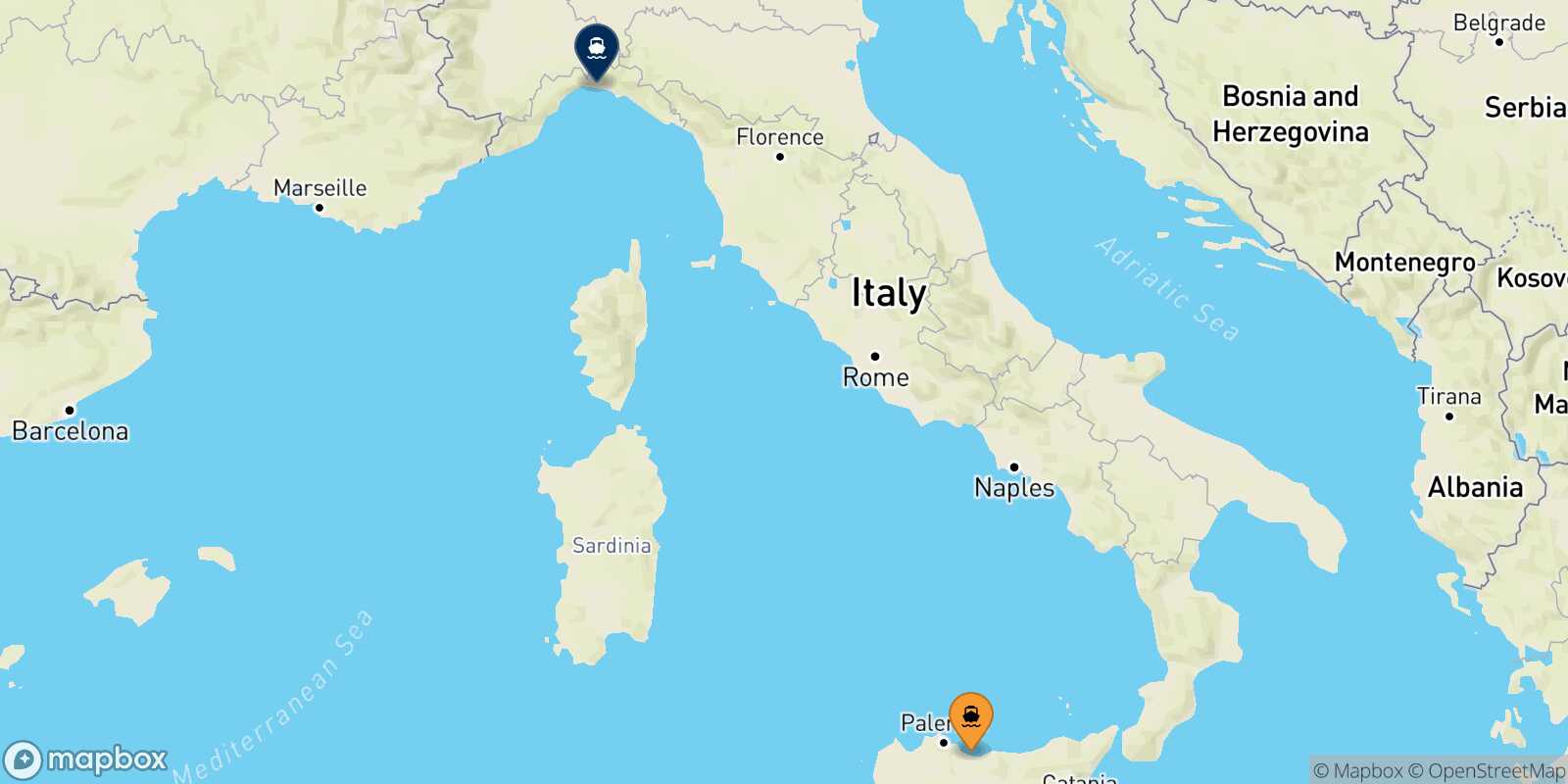 Mapa de la ruta Termini Imerese Genova
