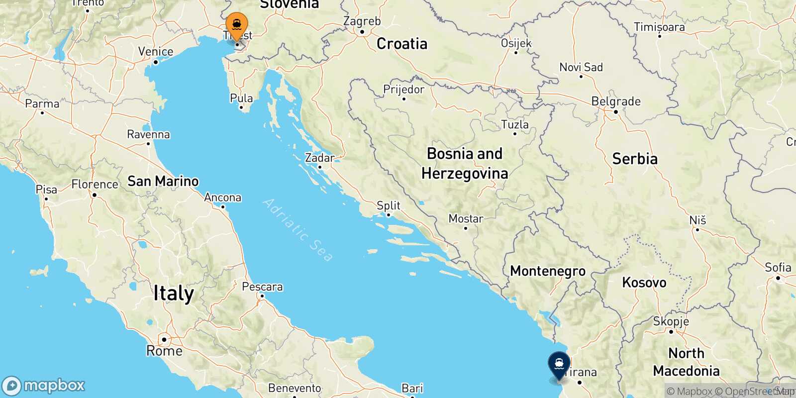 Mapa de la ruta Trieste Durres