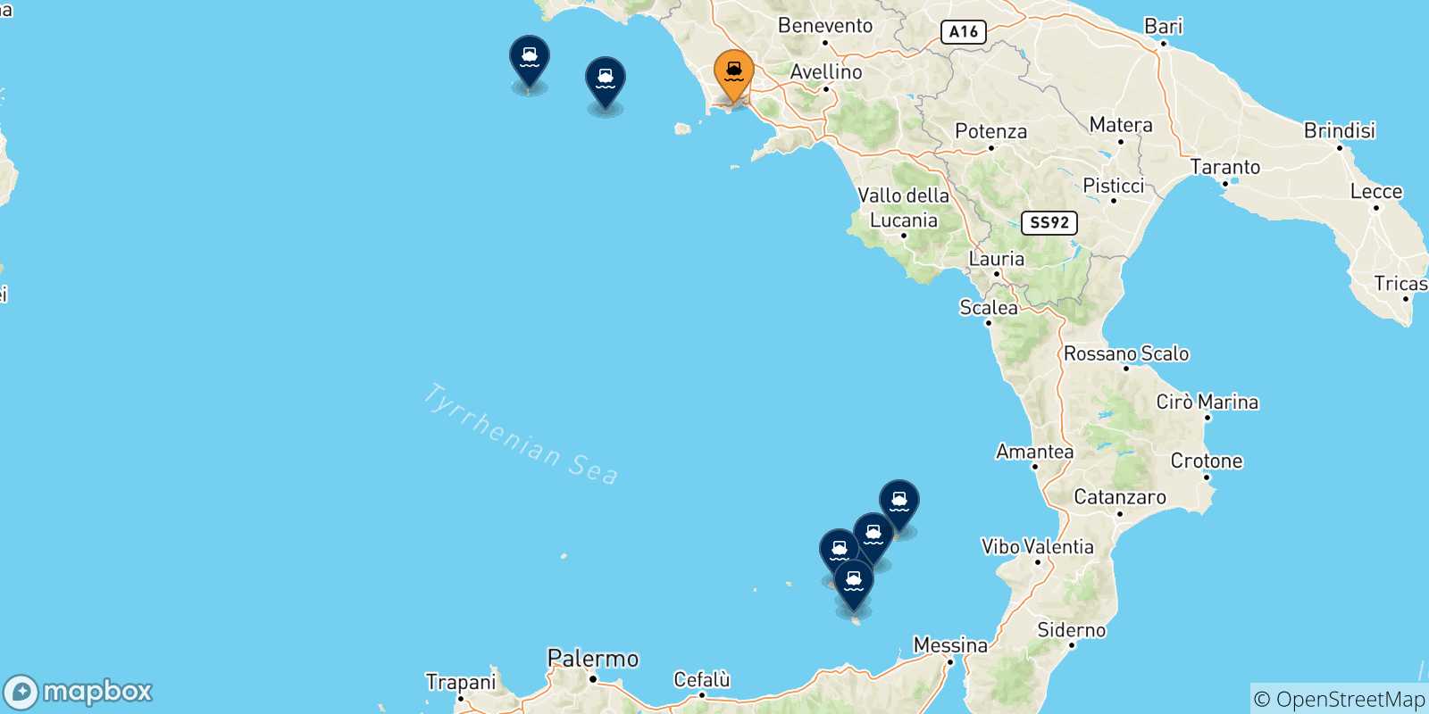 Mapa de las posibles rutas entre Nápoles Mergellina y  Italia