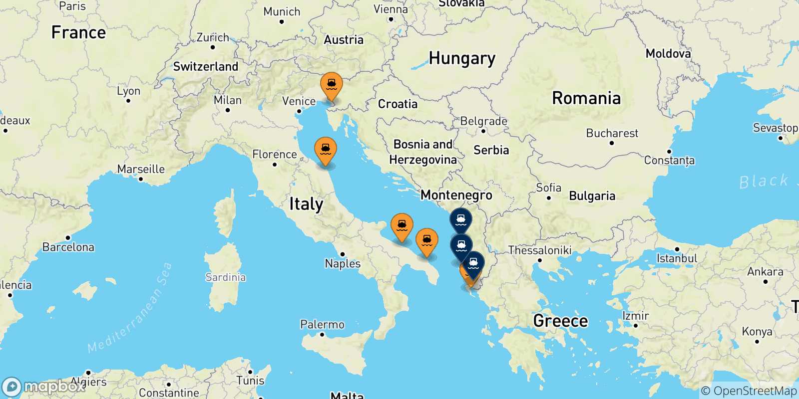 Mapa de los puertos conectados con  Albania