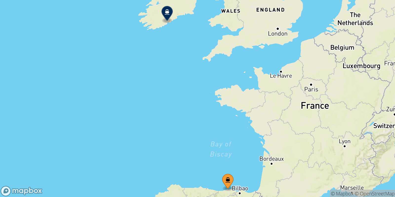 Mapa de los puertos conectados con  Cork