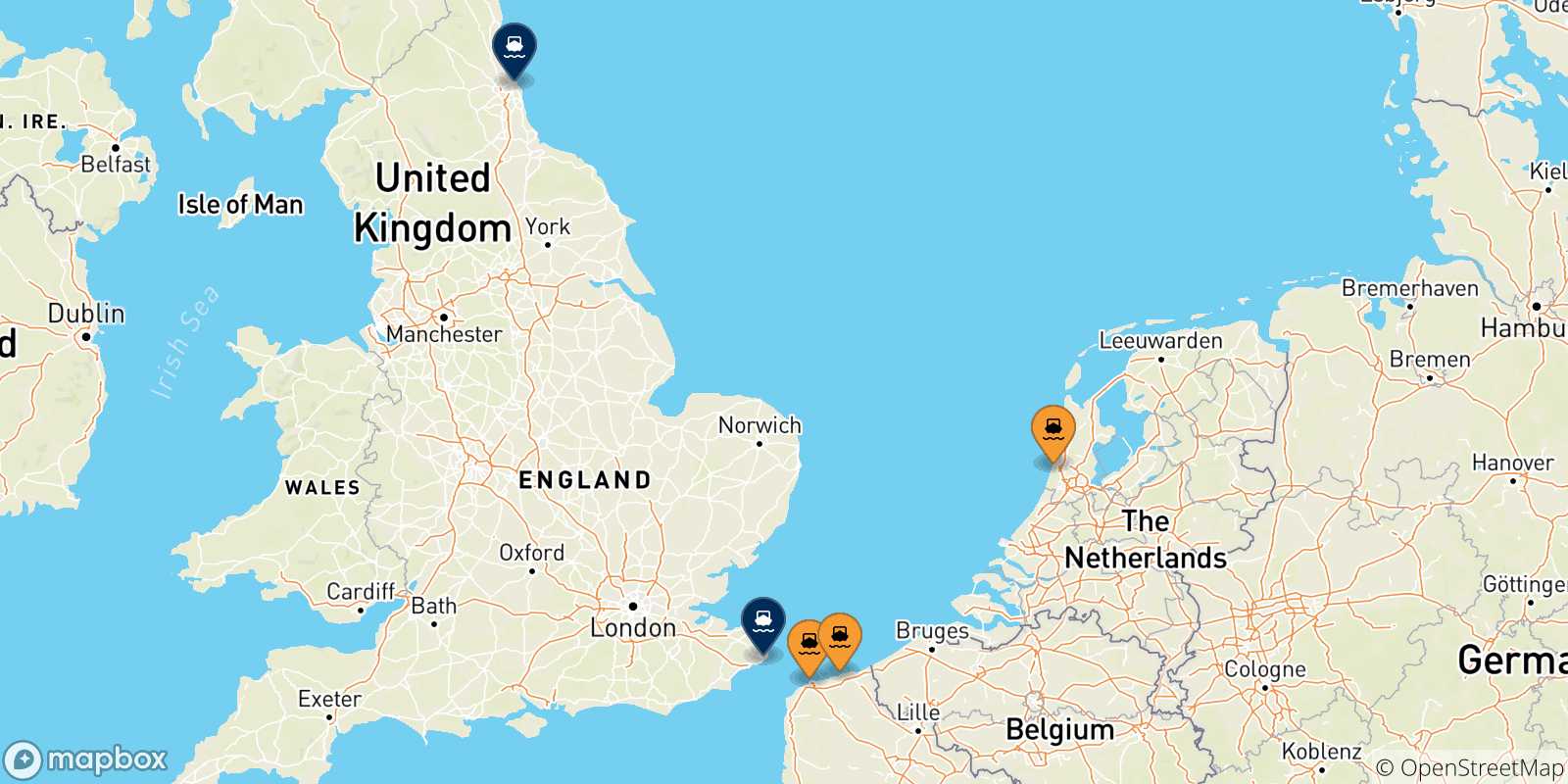 Mapa de los puertos conectados con  Reino Unido